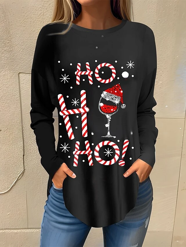Women's T Shirt Tee Christmas Shirt Black Red Wine Glass Rhinestone Print Long Sleeve Party Christmas Weekend Fashion Christmas Round Neck Regular Fit Painting Spring &Fall 3 Women's T Shirt Tee Christmas Shirt Black Red Wine Glass Rhinestone Print Long Sleeve Party Christmas Weekend Fashion Christmas Round Neck Regular Fit Painting Spring &Fall