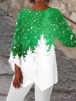 Women's Shirt Christmas Shirt White Yellow Wine Christmas Tree Snowflake Deer Asymmetric Print Long Sleeve Christmas Weekend Streetwear Print Christmas Round Neck Regular Fit -Cheap Women Clothing Store wvkwed1666257049902