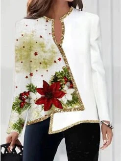 Women's Shirt Christmas Shirt White Wine Red Floral Snowflake Deer Asymmetric Print Long Sleeve Christmas Casual Basic Print V Neck Regular Fit Floral -Cheap Women Clothing Store wzarzp1664587291621