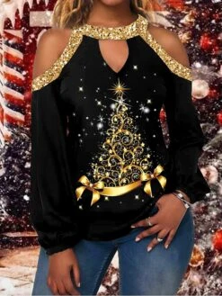 Women's Shirt Christmas Shirt Black Christmas Tree Cut Out Print Long Sleeve Christmas Weekend Streetwear Casual Print Round Neck Regular Fit Cold Shoulder