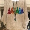 Women‘s Plus Size Christmas Tops Blouse Shirt Christmas Tree Print Long Sleeve Vintage Casual Festival Daily Polyester Winter Fall Khaki