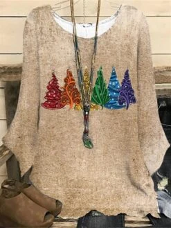 Women‘s Plus Size Christmas Tops Blouse Shirt Christmas Tree Print Long Sleeve Vintage Casual Festival Daily Polyester Winter Fall Khaki