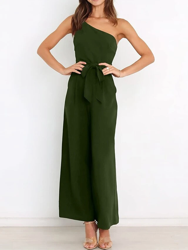 Women's Jumpsuit Pocket High Waist Solid Color One Shoulder Elegant Party Christmas Regular Fit Sleeveless Yellow Army Green Red S M L Fall 14 Women's Jumpsuit Pocket High Waist Solid Color One Shoulder Elegant Party Christmas Regular Fit Sleeveless Yellow Army Green Red S M L Fall - Image 12