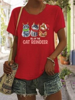 Women's T Shirt Tee Christmas Shirt 100% Cotton Black White Wine Graphic Cat Letter Print Short Sleeve Christmas Daily Holiday Basic Christmas Round Neck Regular Fit Cat