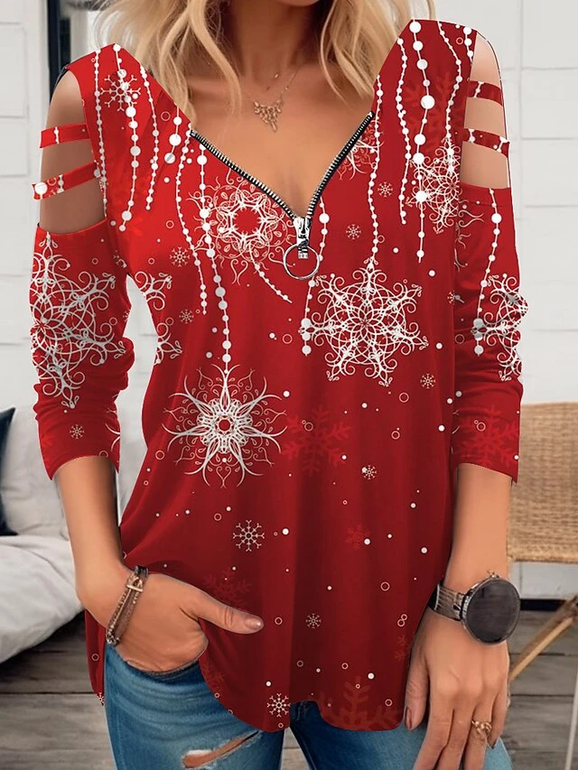Women's Shirt Blouse Christmas Shirt Red Snowflake Cut Out Quarter Zip Print Long Sleeve Party Christmas Casual Festival / Holiday Print V Neck Regular Fit Spring &Fall 3 Women's Shirt Blouse Christmas Shirt Red Snowflake Cut Out Quarter Zip Print Long Sleeve Party Christmas Casual Festival / Holiday Print V Neck Regular Fit Spring &Fall