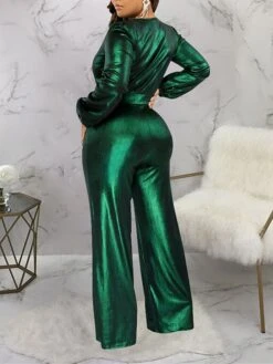 Women's Jumpsuit High Christmas Waist Solid Color V Neck Streetwear Party Xmas Street Regular Fit Long Sleeve Gold Green S M L Fall -Cheap Women Clothing Store xfibkk1695281835586