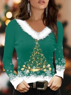 Women's Shirt Blouse Christmas Shirt Black Red Blue Christmas Tree Snowflake Print Long Sleeve Party Christmas Casual Festival / Holiday Print Fur Collar V Neck Regular Fit Fall & Winter -Cheap Women Clothing Store xfkpcf1695639682754