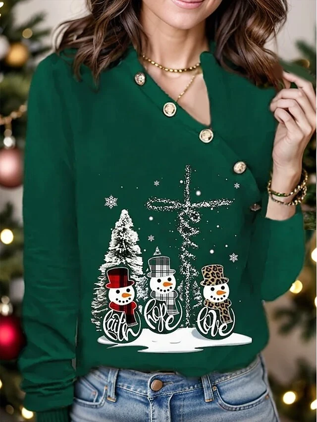 Women's T Shirt Tee Christmas Shirt Black Red Blue Snowman Christmas Tree Button Print Long Sleeve Party Christmas Weekend Festival / Holiday Fur Collar V Neck Regular Fit Painting Spring &Fall 5 Women's T Shirt Tee Christmas Shirt Black Red Blue Snowman Christmas Tree Button Print Long Sleeve Party Christmas Weekend Festival / Holiday Fur Collar V Neck Regular Fit Painting Spring &Fall - Image 3