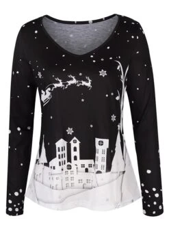 Women's T Shirt Tee Black White Red Santa Claus Snowman Reindeer Print Long Sleeve Christmas Weekend Basic V Neck Regular Fit Painting -Cheap Women Clothing Store xgedyw1666249872090