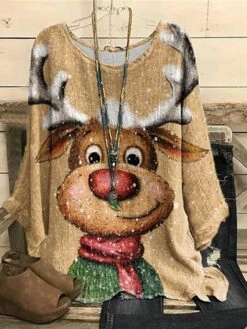 Women‘s Plus Size Christmas Tops Blouse Shirt Cat Deer Print Long Sleeve Casual Daily Polyester Winter Fall Khaki Gray