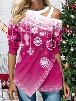 Women's Shirt Blouse Pink Red Blue Snowflake Cut Out Asymmetric Print Long Sleeve Christmas Casual Festival / Holiday Round Neck Regular Fit Spring &Fall 9 Women's Shirt Blouse Pink Red Blue Snowflake Cut Out Asymmetric Print Long Sleeve Christmas Casual Festival / Holiday Round Neck Regular Fit Spring &Fall -Cheap Women Clothing Store xjnfrv1696749023896