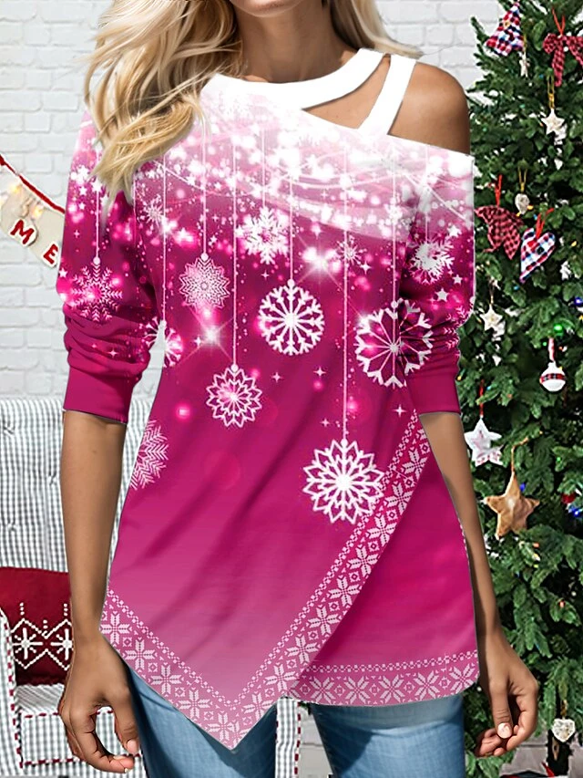 Women's Shirt Blouse Pink Red Blue Snowflake Cut Out Asymmetric Print Long Sleeve Christmas Casual Festival / Holiday Round Neck Regular Fit Spring &Fall 5 Women's Shirt Blouse Pink Red Blue Snowflake Cut Out Asymmetric Print Long Sleeve Christmas Casual Festival / Holiday Round Neck Regular Fit Spring &Fall - Image 3