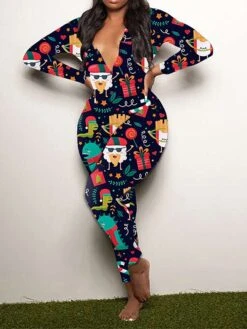 Women's Jumpsuit Print Geometric V Neck Active Xmas Home Christmas Regular Fit Long Sleeve White-1 Blue-3 Khaki-7 S M L Fall -Cheap Women Clothing Store xkbqfr1695792449865