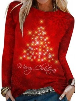 Women's T Shirt Tee Christmas Shirt Red Graphic Christmas Tree Text Print Long Sleeve Christmas Gift Weekend Basic Print Christmas Round Neck Regular Fit Floral Painting