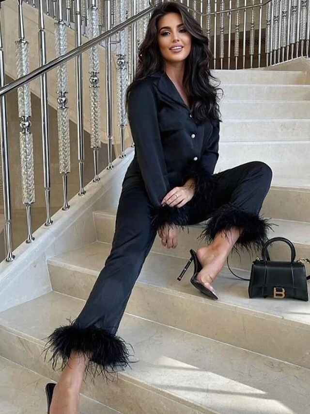 Women's Shirt Pants Sets Christmas Shirt Black White Pink Solid Color Patchwork Long Sleeve Casual Holiday Fashion Christmas Shirt Collar Regular Fit Fall & Winter 5 Women's Shirt Pants Sets Christmas Shirt Black White Pink Solid Color Patchwork Long Sleeve Casual Holiday Fashion Christmas Shirt Collar Regular Fit Fall & Winter - Image 3