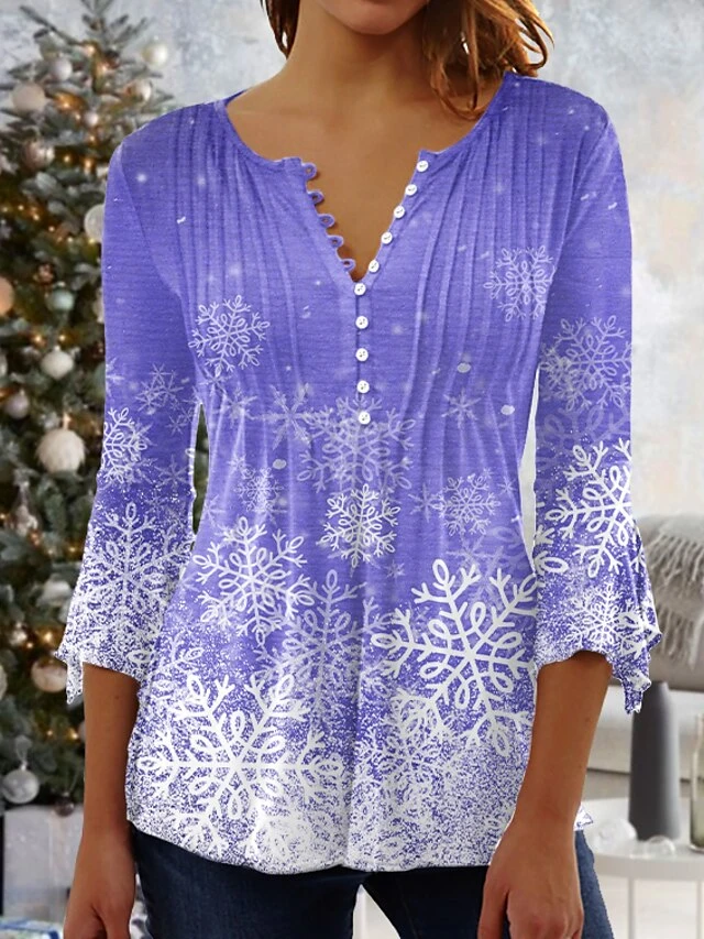 Women's Shirt Christmas Shirt Red Blue Purple Snowflake Button Print 3/4 Length Sleeve Christmas Weekend Streetwear Casual Round Neck Regular Fit 4 Women's Shirt Christmas Shirt Red Blue Purple Snowflake Button Print 3/4 Length Sleeve Christmas Weekend Streetwear Casual Round Neck Regular Fit - Image 2