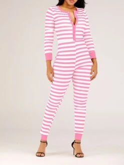 Women's Jumpsuit Button Print Striped V Neck Streetwear Christmas Street Xmas Regular Fit Long Sleeve Pink Red Blue S M L Fall -Cheap Women Clothing Store xlngai1695792390245