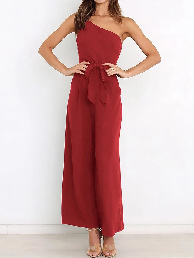 Women's Jumpsuit Pocket High Waist Solid Color One Shoulder Elegant Party Christmas Regular Fit Sleeveless Yellow Army Green Red S M L Fall 7 Women's Jumpsuit Pocket High Waist Solid Color One Shoulder Elegant Party Christmas Regular Fit Sleeveless Yellow Army Green Red S M L Fall - Image 5