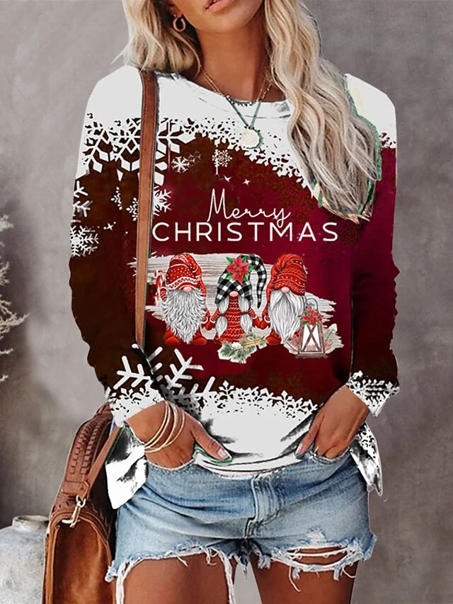 Women's T Shirt Tee Burgundy Tee Christmas Shirt Black White Wine Snowman Snowflake Reindeer Print Long Sleeve Christmas Weekend Basic Christmas Round Neck Regular Fit Painting Fall & Winter 8 Women's T Shirt Tee Burgundy Tee Christmas Shirt Black White Wine Snowman Snowflake Reindeer Print Long Sleeve Christmas Weekend Basic Christmas Round Neck Regular Fit Painting Fall & Winter - Image 6