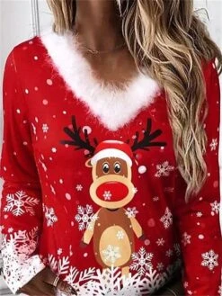 Women's T Shirt Tee Christmas Shirt Red Snowflake Reindeer Print Long Sleeve Party Christmas Weekend Festival / Holiday Christmas Fur Collar V Neck Regular Fit Painting Spring &Fall -Cheap Women Clothing Store xnzqvj1694767489803