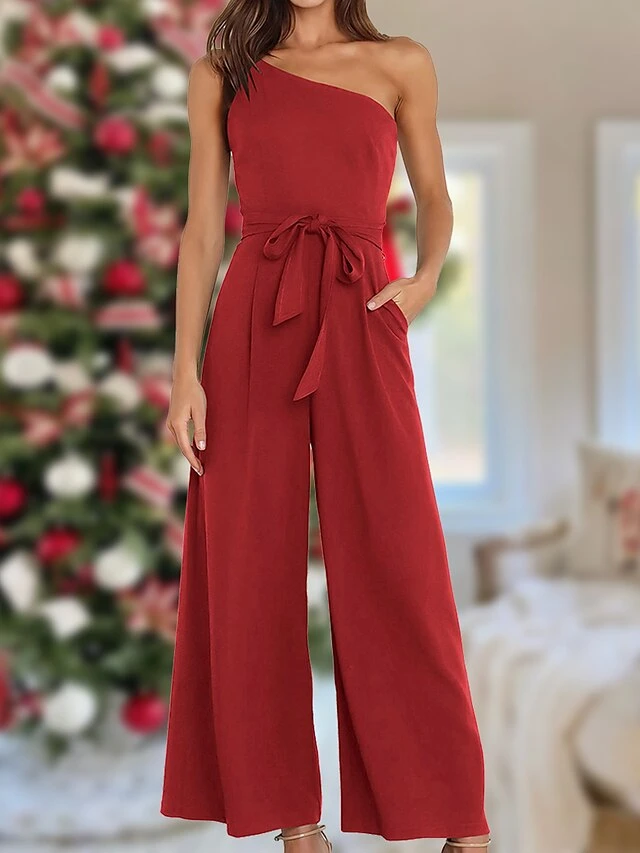 Women's Jumpsuit Pocket High Waist Solid Color One Shoulder Elegant Party Christmas Regular Fit Sleeveless Yellow Army Green Red S M L Fall 3 Women's Jumpsuit Pocket High Waist Solid Color One Shoulder Elegant Party Christmas Regular Fit Sleeveless Yellow Army Green Red S M L Fall