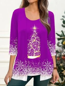 Women's Blouse Christmas Shirt Black Yellow Red Christmas Tree Print 3/4 Length Sleeve Party Christmas Casual Festival / Holiday Round Neck Regular Fit Spring &Fall -Cheap Women Clothing Store xpswxc1697625166449