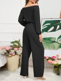Women's Jumpsuit Pocket Drawstring Solid Color Off Shoulder Christmas Business Office Work Xmas Regular Fit Long Sleeve Black Red Blue S M L Fall -Cheap Women Clothing Store xrjetz1694415725963