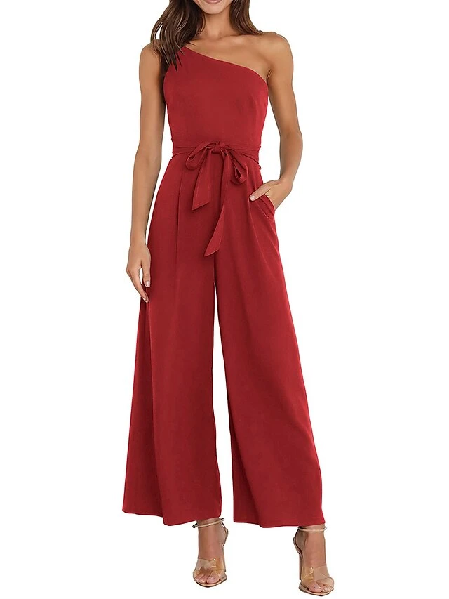 Women's Jumpsuit Pocket High Waist Solid Color One Shoulder Elegant Party Christmas Regular Fit Sleeveless Yellow Army Green Red S M L Fall 4 Women's Jumpsuit Pocket High Waist Solid Color One Shoulder Elegant Party Christmas Regular Fit Sleeveless Yellow Army Green Red S M L Fall - Image 2