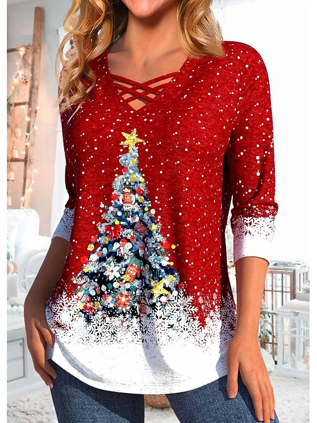 Women's T Shirt Tee Christmas Shirt Red Christmas Tree Print Long Sleeve Party Christmas Weekend Festival / Holiday V Neck Regular Fit Painting Spring &Fall 4 Women's T Shirt Tee Christmas Shirt Red Christmas Tree Print Long Sleeve Party Christmas Weekend Festival / Holiday V Neck Regular Fit Painting Spring &Fall - Image 2