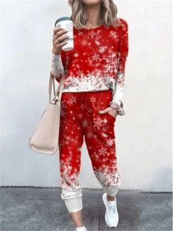 Women's Sweatshirt Tracksuit Pants Sets Red Graphic Drawstring Print Long Sleeve Outdoor Festival Active Christmas Round Neck Regular Fit Spring &Fall