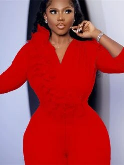 Women's Jumpsuit Ruffle High Waist Solid Color V Neck Christmas Business Office Work Xmas Regular Fit Long Sleeve White Yellow Red S M L Fall -Cheap Women Clothing Store xtnhxb1695792415108