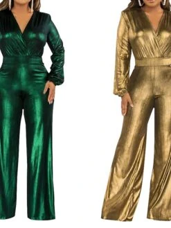 Women's Jumpsuit High Christmas Waist Solid Color V Neck Streetwear Party Xmas Street Regular Fit Long Sleeve Gold Green S M L Fall