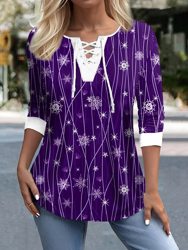 Women's T Shirt Tee Christmas Shirt Pink Red Blue Snowflake Print Long Sleeve Christmas Weekend Festival / Holiday V Neck Regular Fit Painting Spring &Fall 7 Women's T Shirt Tee Christmas Shirt Pink Red Blue Snowflake Print Long Sleeve Christmas Weekend Festival / Holiday V Neck Regular Fit Painting Spring &Fall - Image 5