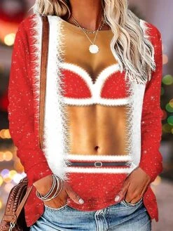 Women's T Shirt Tee Christmas Shirt Pink Red Blue Graphic Ugly Christmas Print Long Sleeve Christmas Weekend Basic Christmas Round Neck Regular Fit Floral Painting Fall & Winter