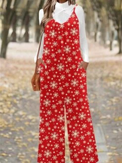 Women's Jumpsuit Pocket Print Santa Claus U Neck Casual Christmas Daily Xmas Straight Regular Fit Spaghetti Strap White Wine Red S M L All Seasons -Cheap Women Clothing Store xvslub1695281561486