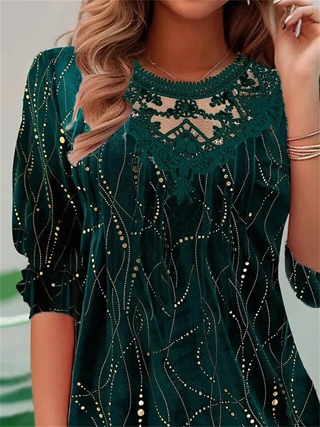 Women's Blouse Christmas Shirt Velvet Green Striped Sparkly Lace Print Long Sleeve Party Christmas Casual Festival / Holiday Round Neck Regular Fit Fall & Winter 4 Women's Blouse Christmas Shirt Velvet Green Striped Sparkly Lace Print Long Sleeve Party Christmas Casual Festival / Holiday Round Neck Regular Fit Fall & Winter - Image 2