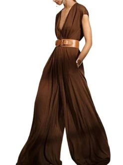 Women‘s Jumpsuit For Special Occasions Christmas Clean Fit Pocket Solid Color Deep V Wedding Holiday Xmas Street Daily Regular Fit Short Sleeve Black White Brown S M L Summer Without Belt -Cheap Women Clothing Store xydhsr1680073341738