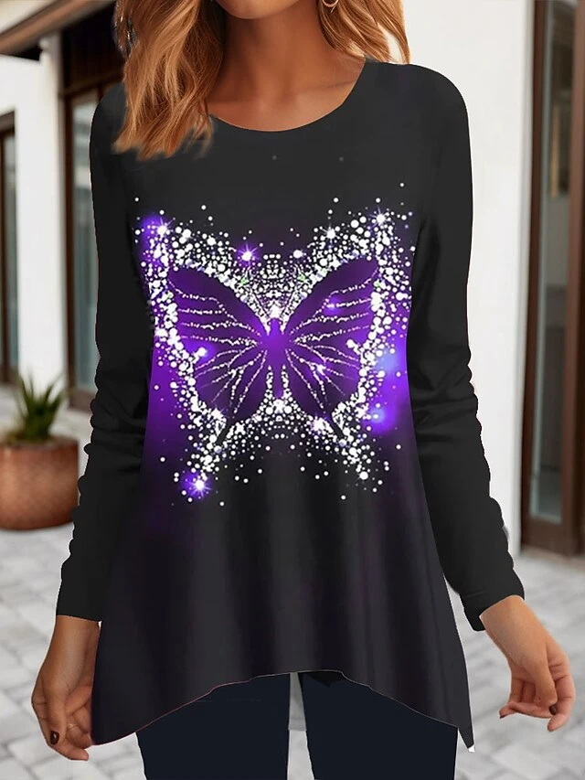 Women's T Shirt Tee Christmas Shirt Black Wine Red Butterfly Christmas Tree Reindeer Flowing Tunic Print Long Sleeve Party Christmas Weekend Festival / Holiday Round Neck Regular Fit Painting Spring 7 Women's T Shirt Tee Christmas Shirt Black Wine Red Butterfly Christmas Tree Reindeer Flowing Tunic Print Long Sleeve Party Christmas Weekend Festival / Holiday Round Neck Regular Fit Painting Spring - Image 5