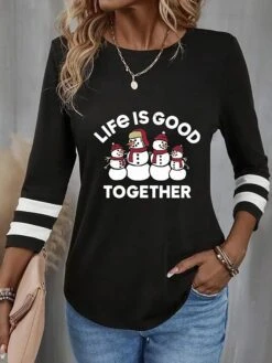 Women's T Shirt Tee Christmas Shirt Black Letter Snowman Print Long Sleeve Christmas Weekend Festival / Holiday Round Neck Regular Fit Painting Spring &Fall