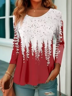 Cheap Women Clothing Store 26 Women's T Shirt Tee Christmas Shirt Red Blue Purple Plants Print Long Sleeve Party Christmas Weekend Festival / Holiday Christmas Round Neck Regular Fit Floral Painting Spring &Fall