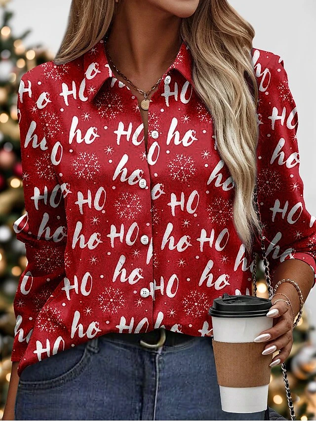 Women's Blouse Christmas Shirt Black Red Green Graphic Button Print Long Sleeve Christmas Casual Festival / Holiday Shirt Collar Regular Fit Spring &Fall 4 Women's Blouse Christmas Shirt Black Red Green Graphic Button Print Long Sleeve Christmas Casual Festival / Holiday Shirt Collar Regular Fit Spring &Fall - Image 2