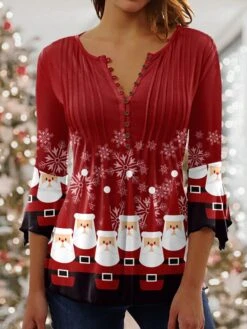 Women's Shirt Christmas Shirt Black Red Blue Santa Claus Snowflake Button Print 3/4 Length Sleeve Christmas Weekend Streetwear Casual Round Neck Regular Fit