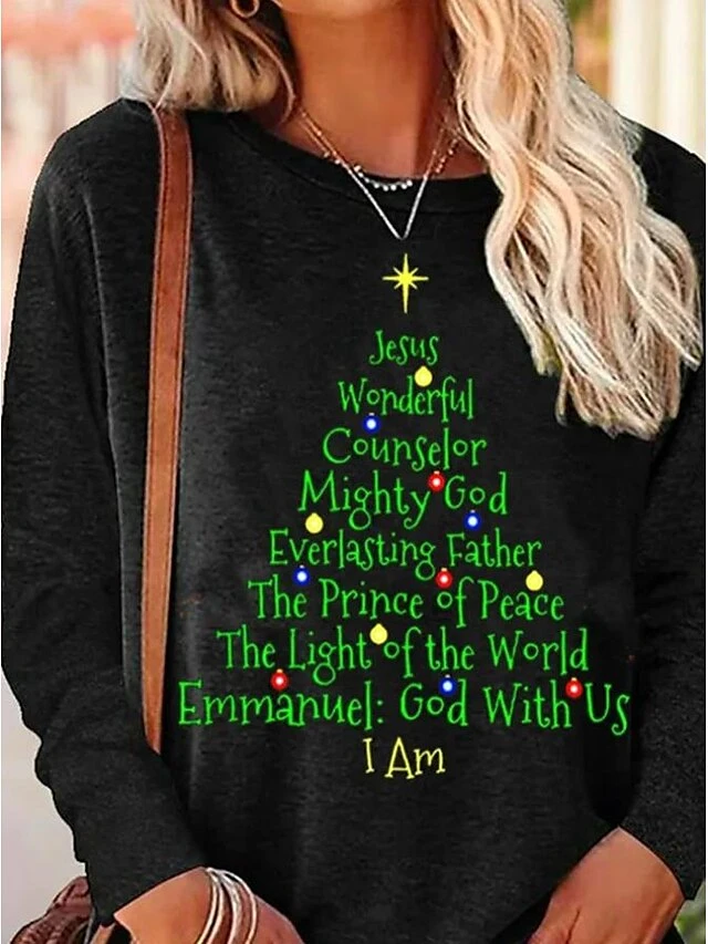 Women's T Shirt Tee Christmas Shirt Black Christmas Tree Text Print Long Sleeve Christmas Weekend Basic Christmas Round Neck Regular Fit Painting Fall & Winter 4 Women's T Shirt Tee Christmas Shirt Black Christmas Tree Text Print Long Sleeve Christmas Weekend Basic Christmas Round Neck Regular Fit Painting Fall & Winter - Image 2