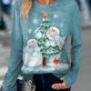Women's T Shirt Tee Christmas Shirt Pink Blue Purple Snowman Christmas Tree Print Long Sleeve Christmas Weekend Festival / Holiday Christmas Round Neck Regular Fit Painting Spring &Fall