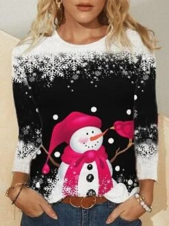 Women's T Shirt Tee Christmas Shirt Black Light Green Royal Blue Snowman Reindeer Print Long Sleeve Party Christmas Casual Vintage Print Christmas Round Neck Fall & Winter -Cheap Women Clothing Store ycwvlp1668414390535