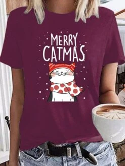 Women's T Shirt Tee Christmas Shirt 100% Cotton Black Light Green Wine Graphic Cat Letter Print Short Sleeve Christmas Daily Holiday Basic Christmas Round Neck Regular Fit Cat -Cheap Women Clothing Store ydiepw1666754528369