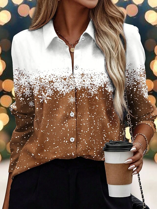 Women's Shirt Blouse Christmas Shirt Wine Navy Blue Brown Snowflake Button Print Long Sleeve Christmas Casual Festival / Holiday Shirt Collar Regular Fit Spring &Fall 4 Women's Shirt Blouse Christmas Shirt Wine Navy Blue Brown Snowflake Button Print Long Sleeve Christmas Casual Festival / Holiday Shirt Collar Regular Fit Spring &Fall - Image 2