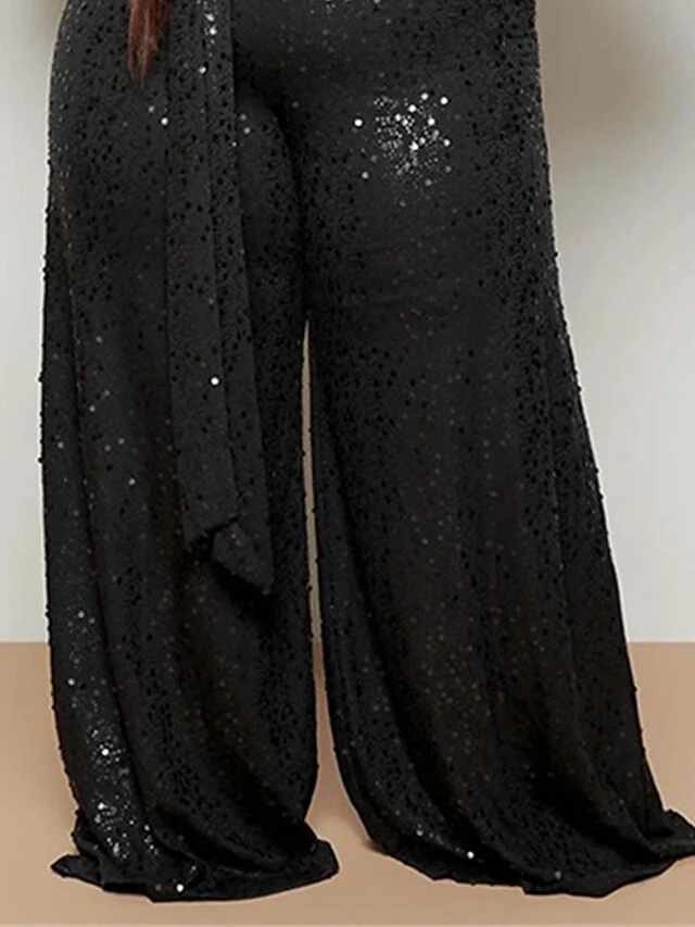Women‘s Plus Size Jumpsuit Sparkly Curve Lace Up Sequin Solid Color V Neck Xmas Holiday Party Christmas Street Loose Fit Long Sleeve Black L XL XXL Fall 5 Women‘s Plus Size Jumpsuit Sparkly Curve Lace Up Sequin Solid Color V Neck Xmas Holiday Party Christmas Street Loose Fit Long Sleeve Black L XL XXL Fall - Image 3