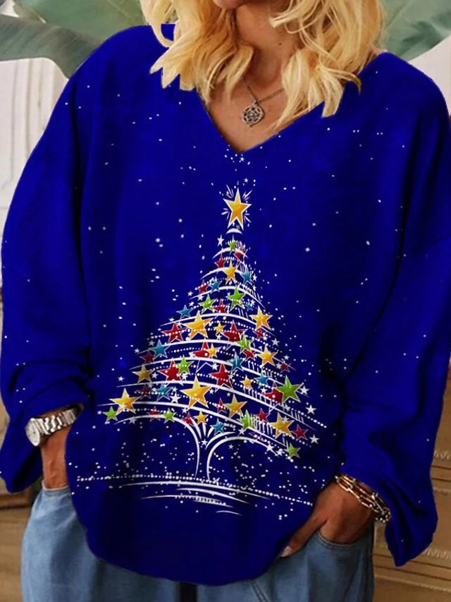 Women‘s Plus Size Christmas Tops T Shirt Tee Tree Print Long Sleeve V Neck Casual Festival Daily Polyester Winter Fall Green Blue 6 Women‘s Plus Size Christmas Tops T Shirt Tee Tree Print Long Sleeve V Neck Casual Festival Daily Polyester Winter Fall Green Blue - Image 4