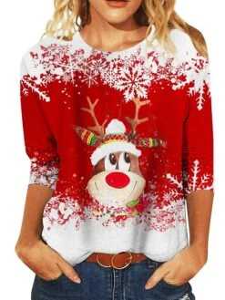 Women's T Shirt Tee Christmas Shirt Black Red Blue Snowflake Reindeer Print Long Sleeve Christmas Weekend Basic Christmas Round Neck Regular Fit Painting